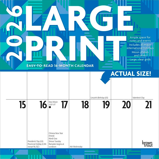 Large Print 2026 12 X 24 Inch (Hanging) Monthly Square Wall Calendar Matte Paper Plastic-Free - Ingram